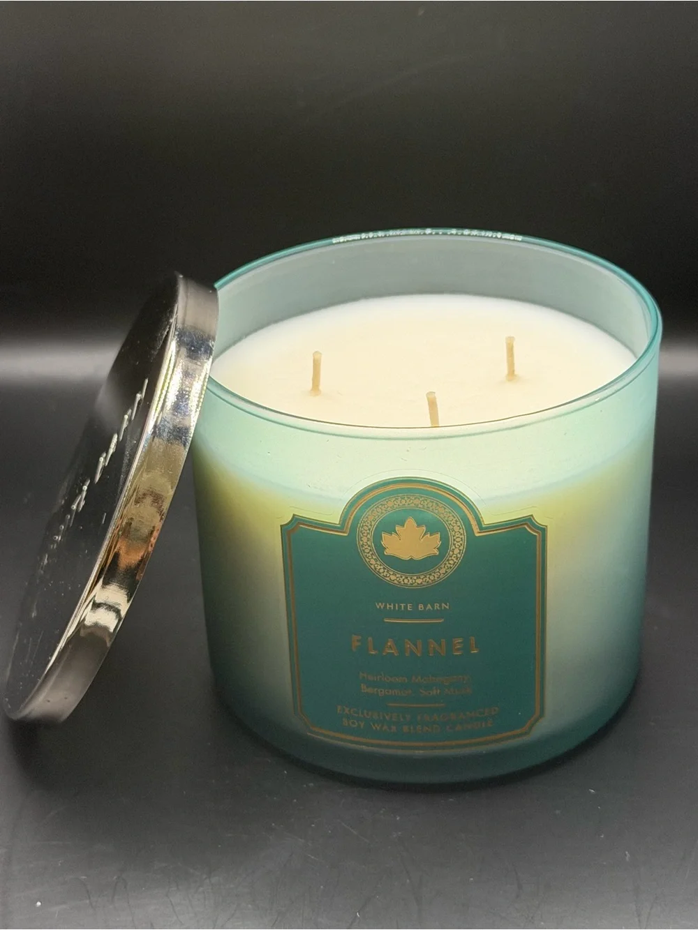 BBW/White Barn “Flannel” 3-Wick Soy Wax 14.5 OZ Candle - Teal Frosted Glass - Picture 4 of 5
